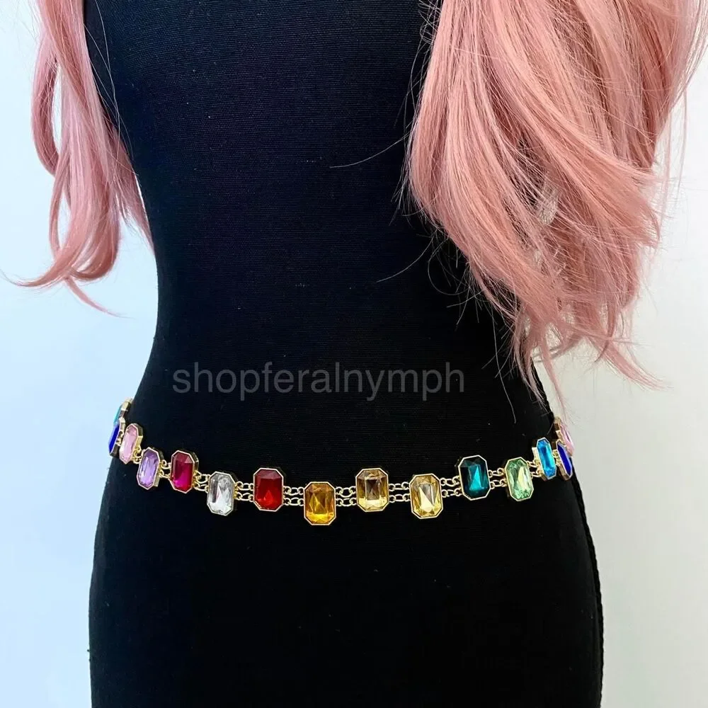 Gold Y2K Rainbow Jewel Waist Chain Belt, Fits 18-37 Inches, X7GA1292